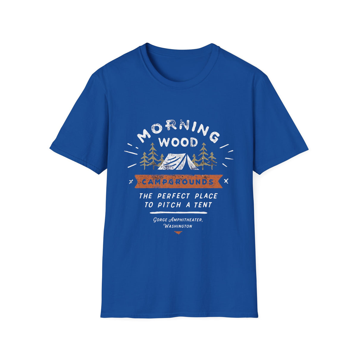Camping T-Shirt — "Morning Wood" Tent & Pine Tree Outdoor Graphic Tee