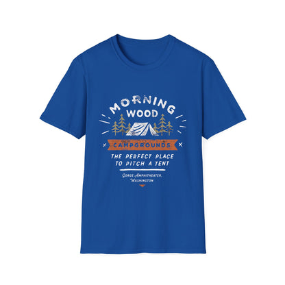 Camping T-Shirt — "Morning Wood" Tent & Pine Tree Outdoor Graphic Tee