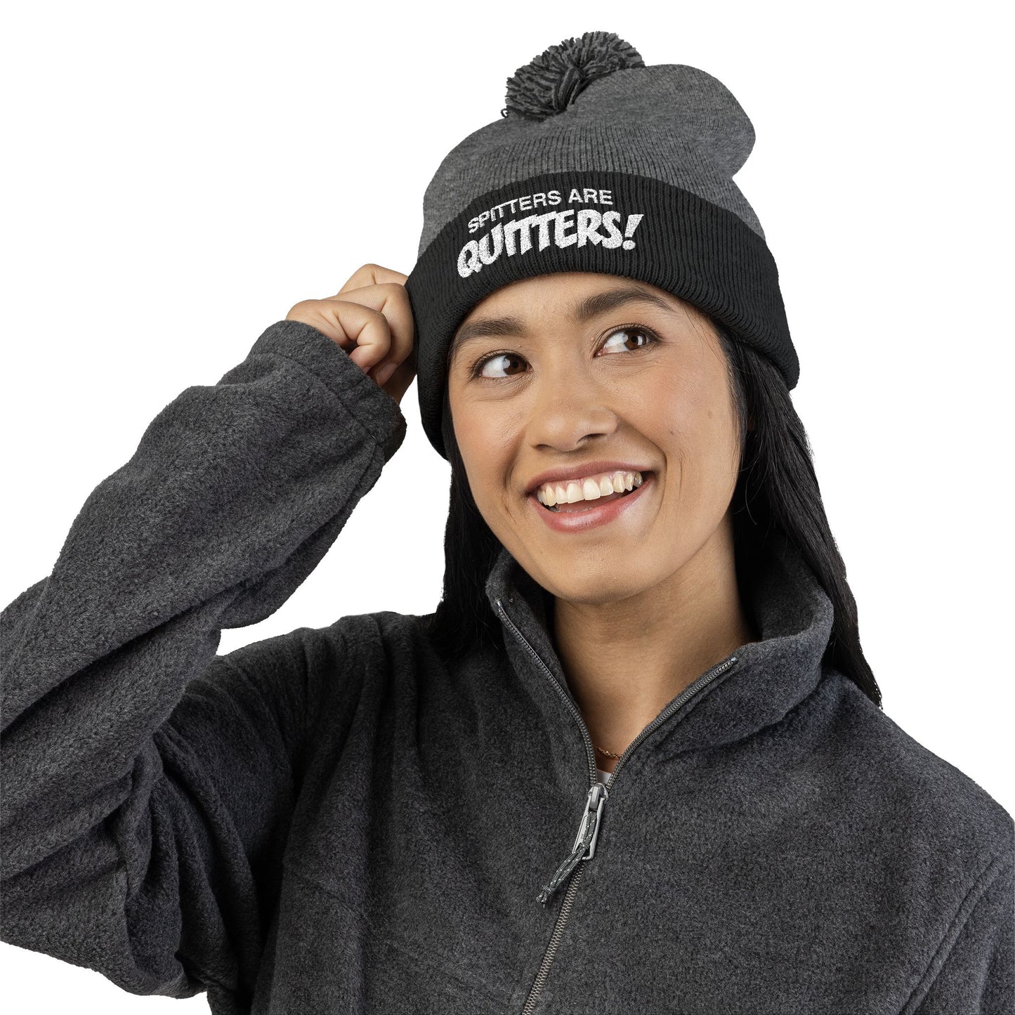 Embroidered Pom-Pom Beanie — "Spitters Are Quitters!" Cozy Winter Hat