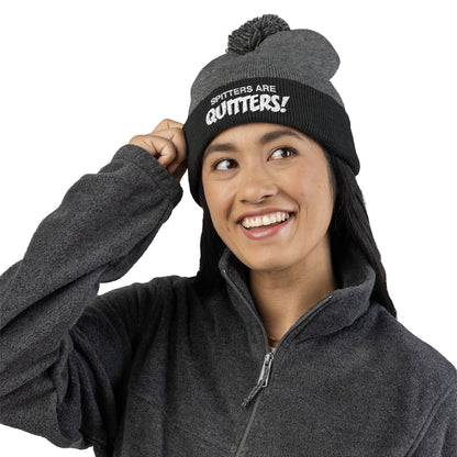 Embroidered Pom-Pom Beanie — "Spitters Are Quitters!" Cozy Winter Hat