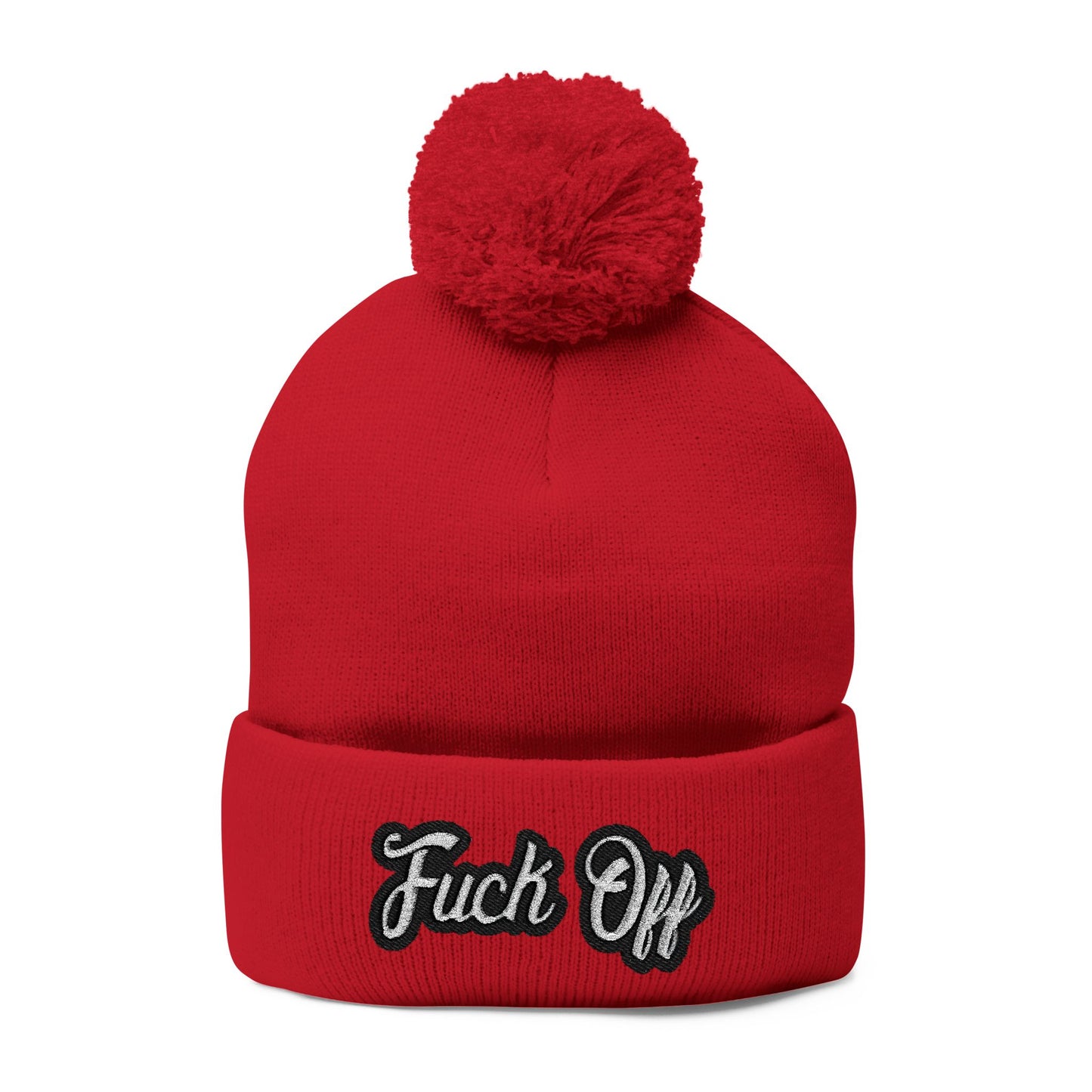Embroidered 'Fuck Off' Pom-Pom Beanie - Knit Winter Hat