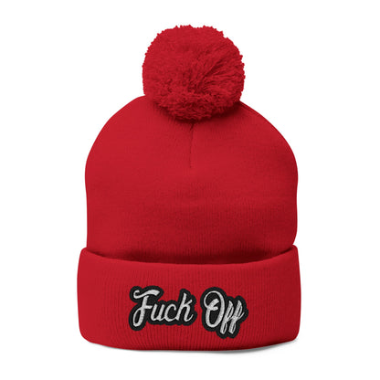 Embroidered 'Fuck Off' Pom-Pom Beanie - Knit Winter Hat