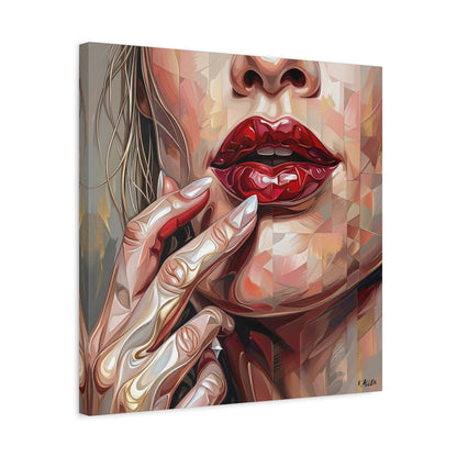 Glam Portrait Canvas Print — Red Lips & Painted Hands Matte Stretched Wall Art