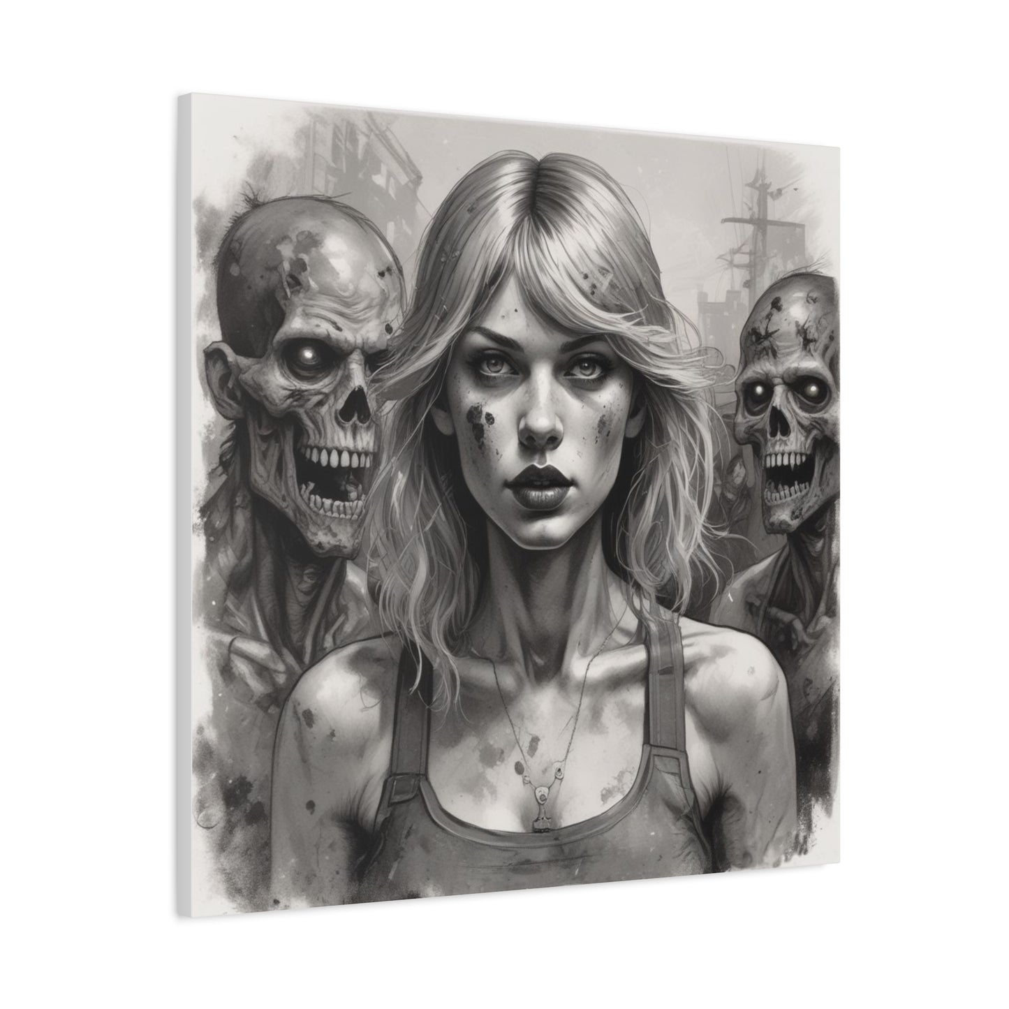 Zombie Apocalypse Canvas Print — Female Survivor Portrait Matte Stretched Art