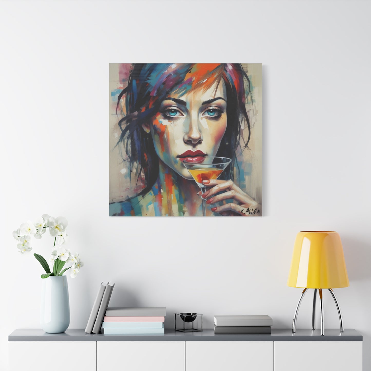 Colorful Femme Portrait Canvas — Martini Woman Stretched Wall Art