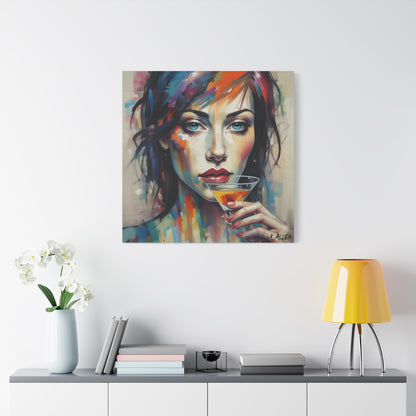 Colorful Femme Portrait Canvas — Martini Woman Stretched Wall Art
