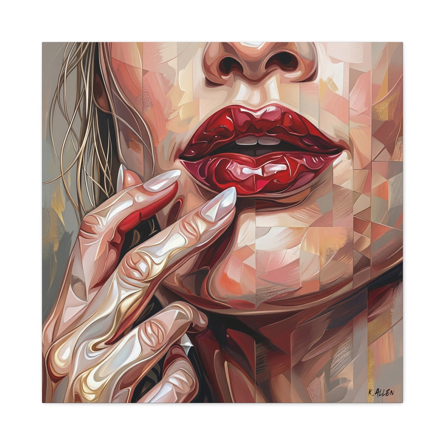 Glam Portrait Canvas Print — Red Lips & Painted Hands Matte Stretched Wall Art
