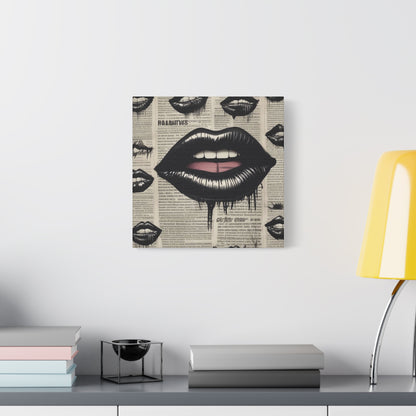 Black Drip Lips Canvas Wall Art — Vintage Newspaper Pop Art