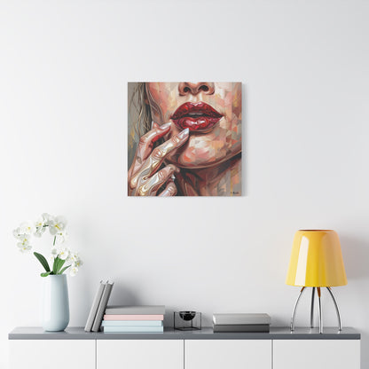 Glam Portrait Canvas Print — Red Lips & Painted Hands Matte Stretched Wall Art