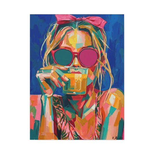 Colorful Pop Art Woman Drinking Canvas Wall Art - Blue