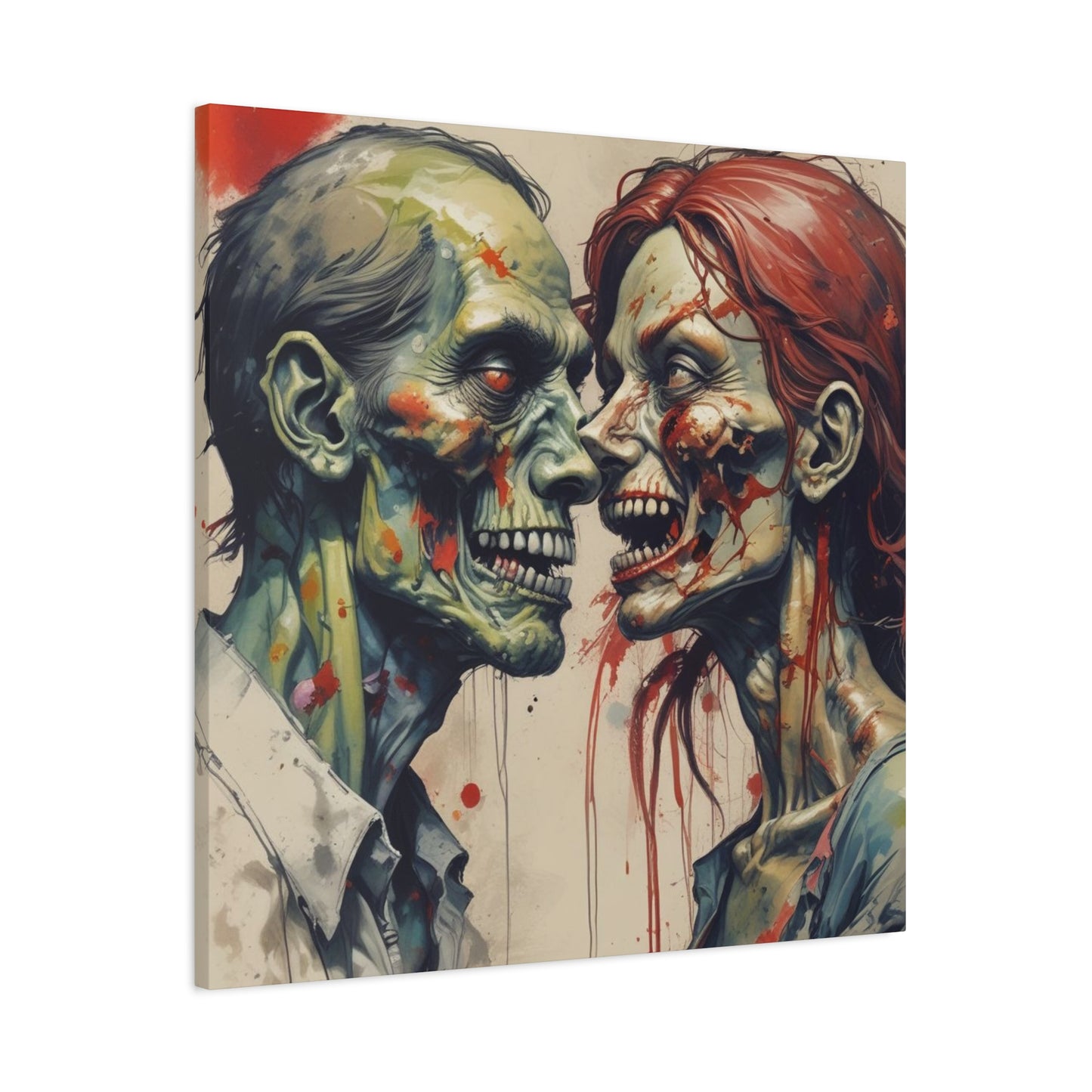 Zombie Couple Matte Canvas Wall Art — Blood-Splattered Horror Portrait