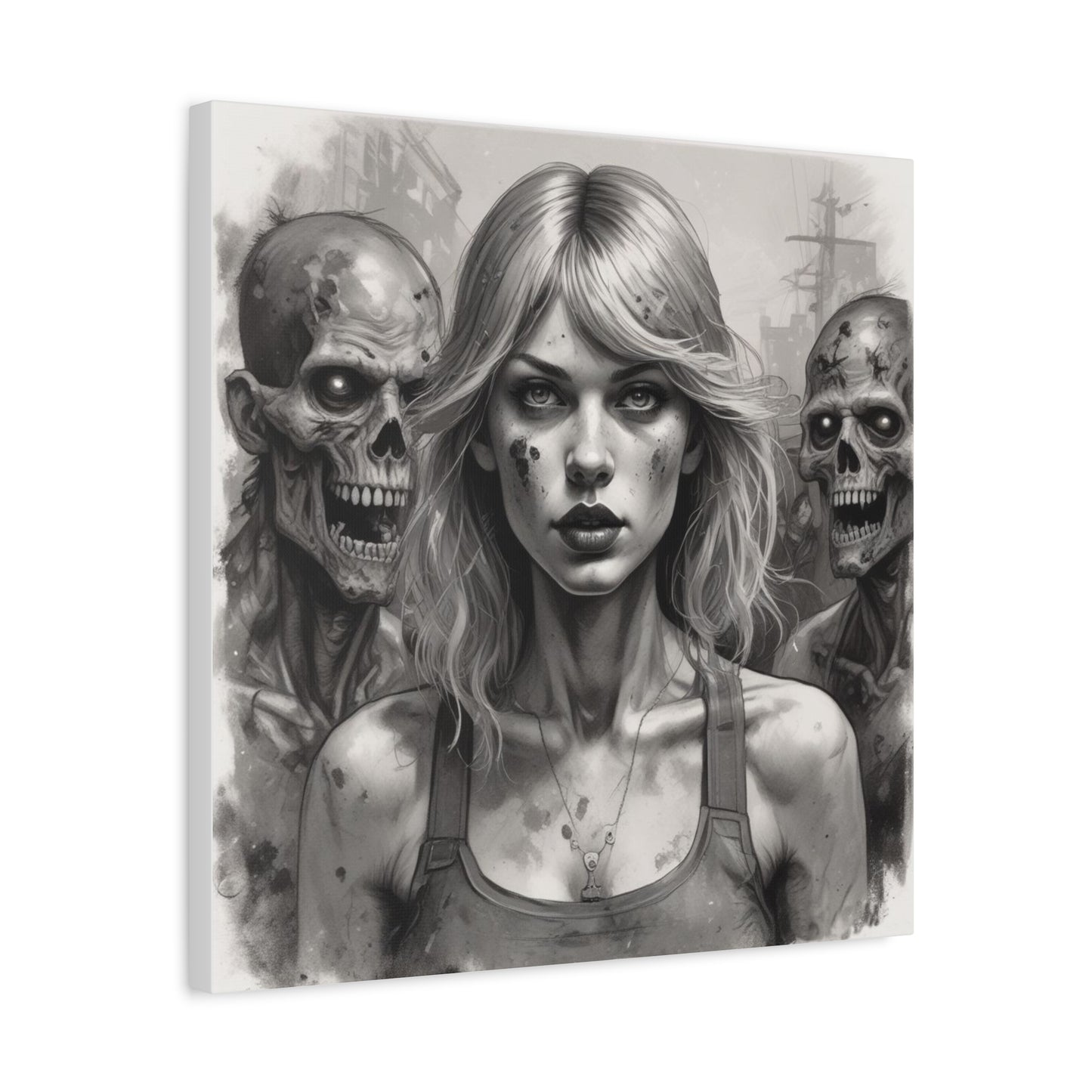 Zombie Apocalypse Canvas Print — Female Survivor Portrait Matte Stretched Art