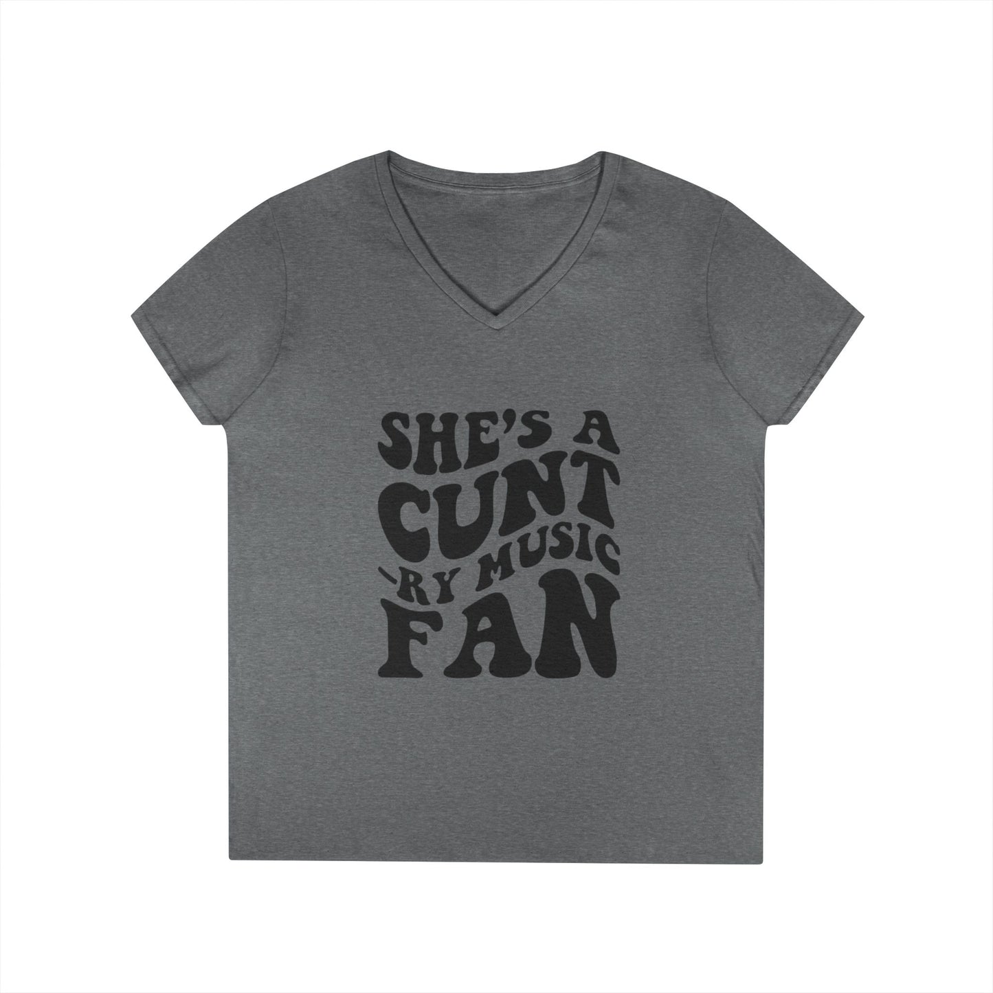 V-Neck T-Shirt — "She's a Cuntry Music Fan" Retro Typography Tee