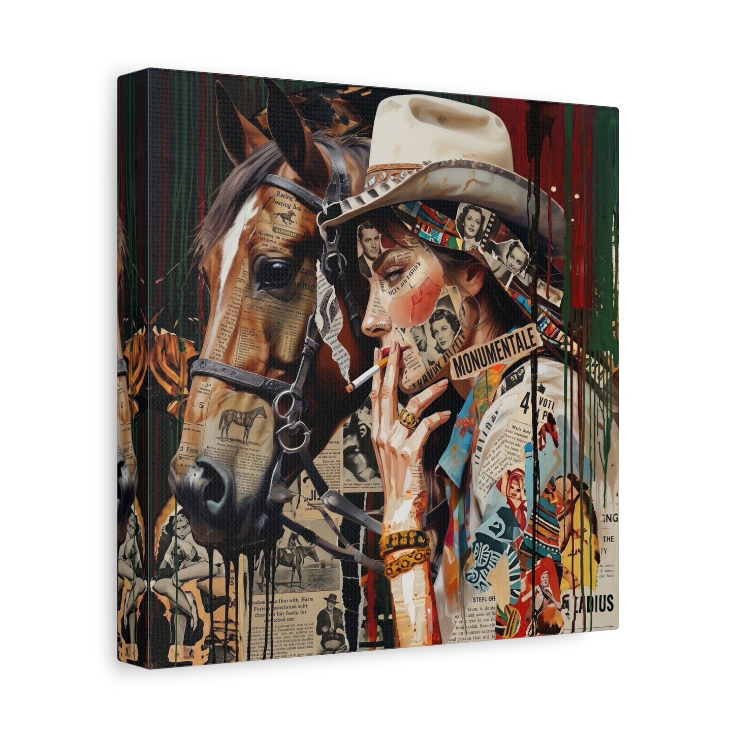 Western Collage Horse & Cowgirl Matte Canvas Wall Art - Stretched 1.25"