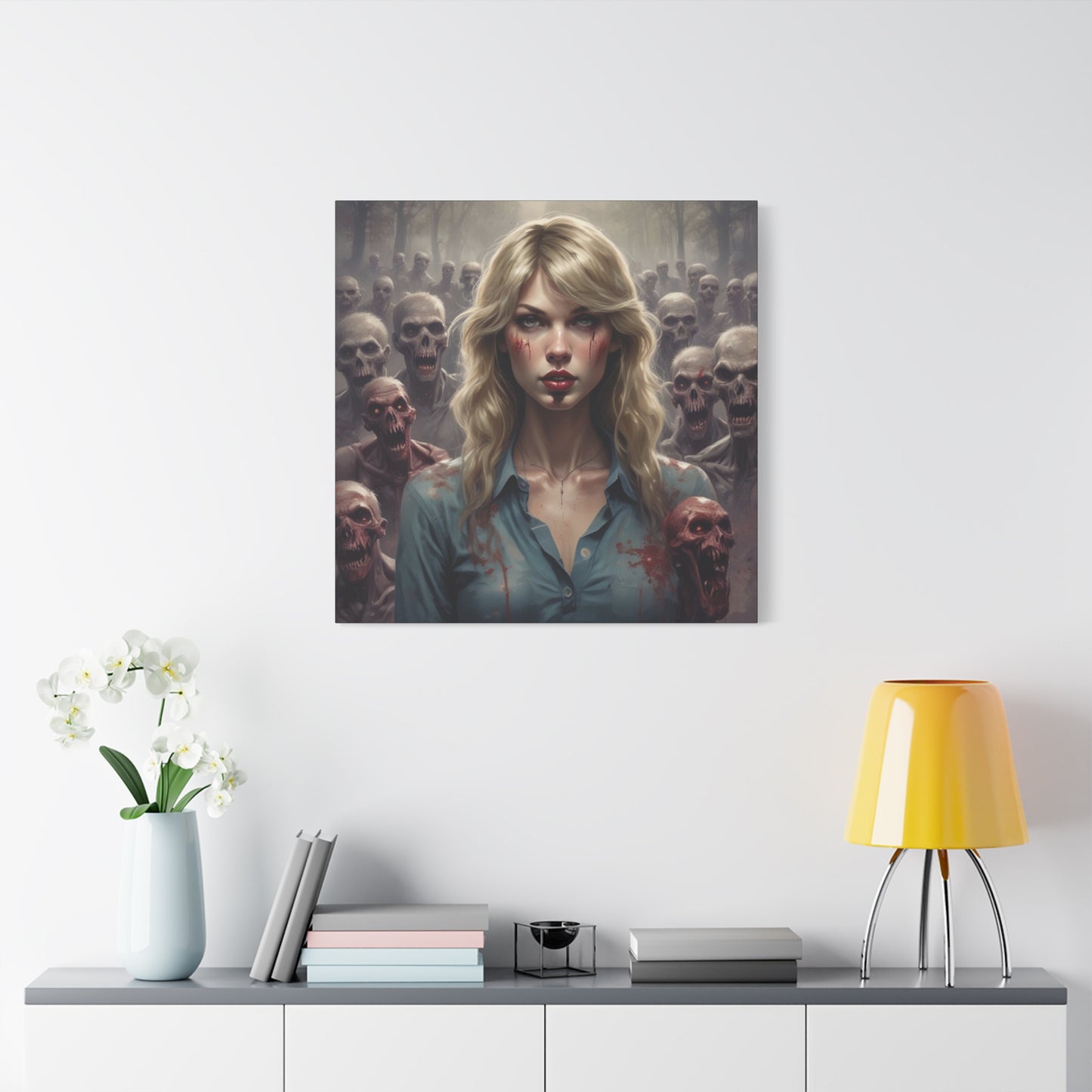 Zombie Swift Matte Canvas Print — Horror Wall Art, Blonde Survivor Surrounded by Undead