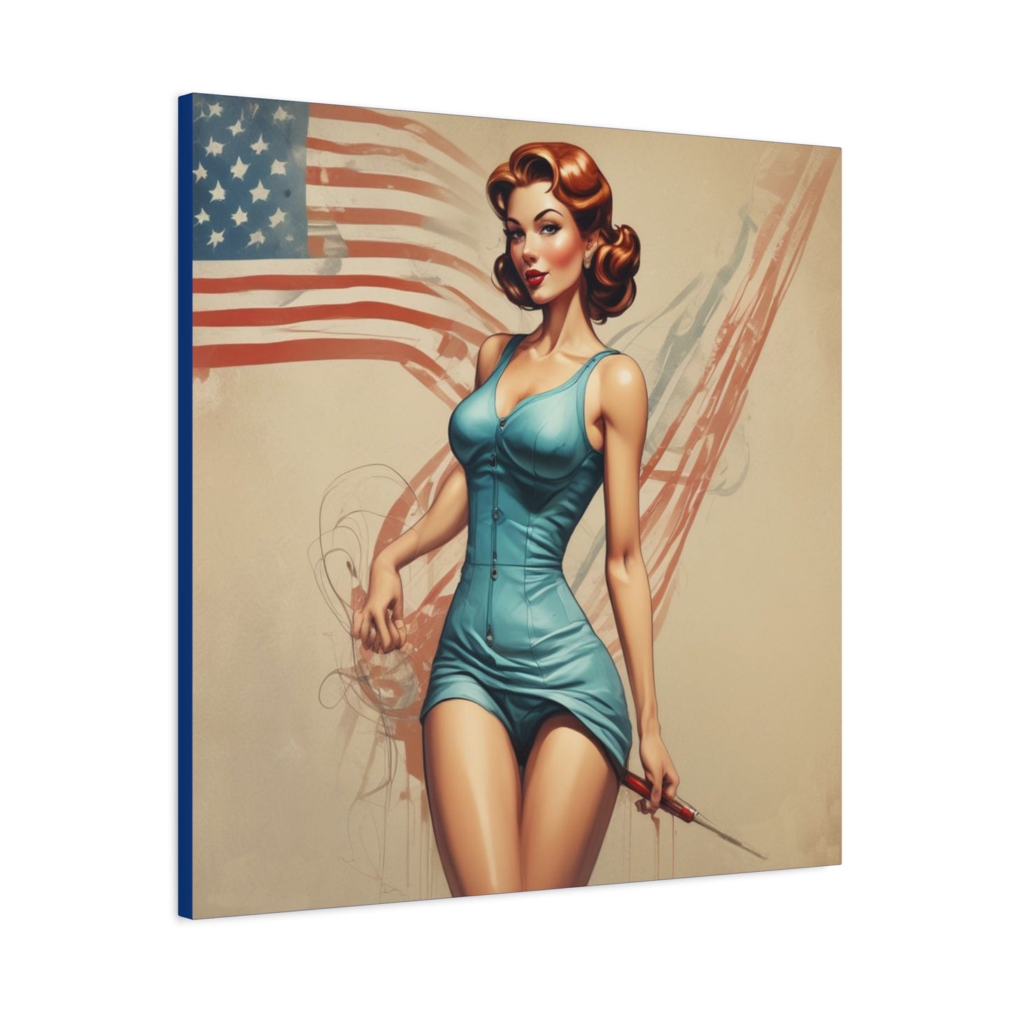 Retro Pin-Up Canvas Wall Art — Vintage American Flag Pinup Matte Stretched 1.25"