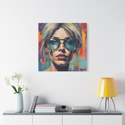 Pop Art Portrait Canvas — Blonde Woman with Blue Sunglasses Matte Stretched Art