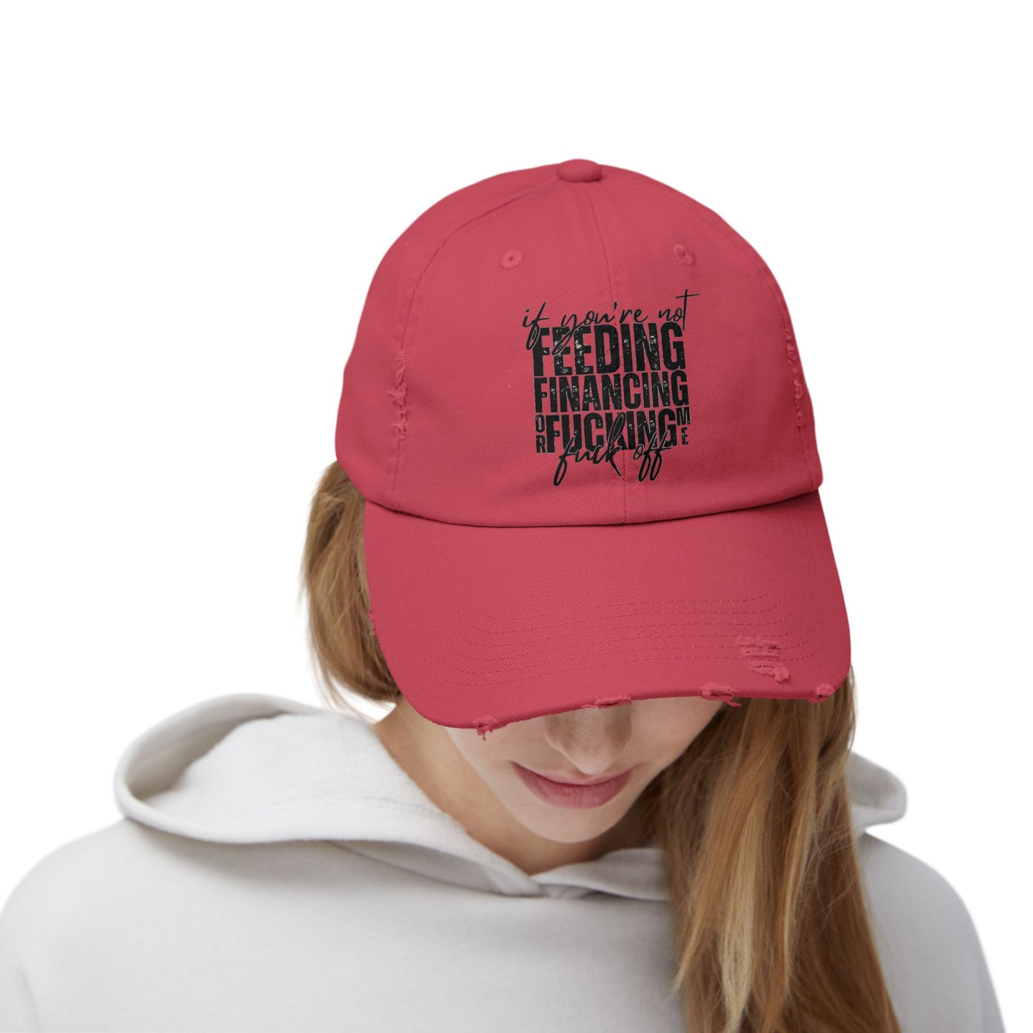 Distressed Dad Hat — "Feeding, Financing & F***ing" Bold Script Cap