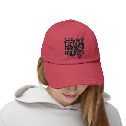Distressed Dad Hat — "Feeding, Financing & F***ing" Bold Script Cap