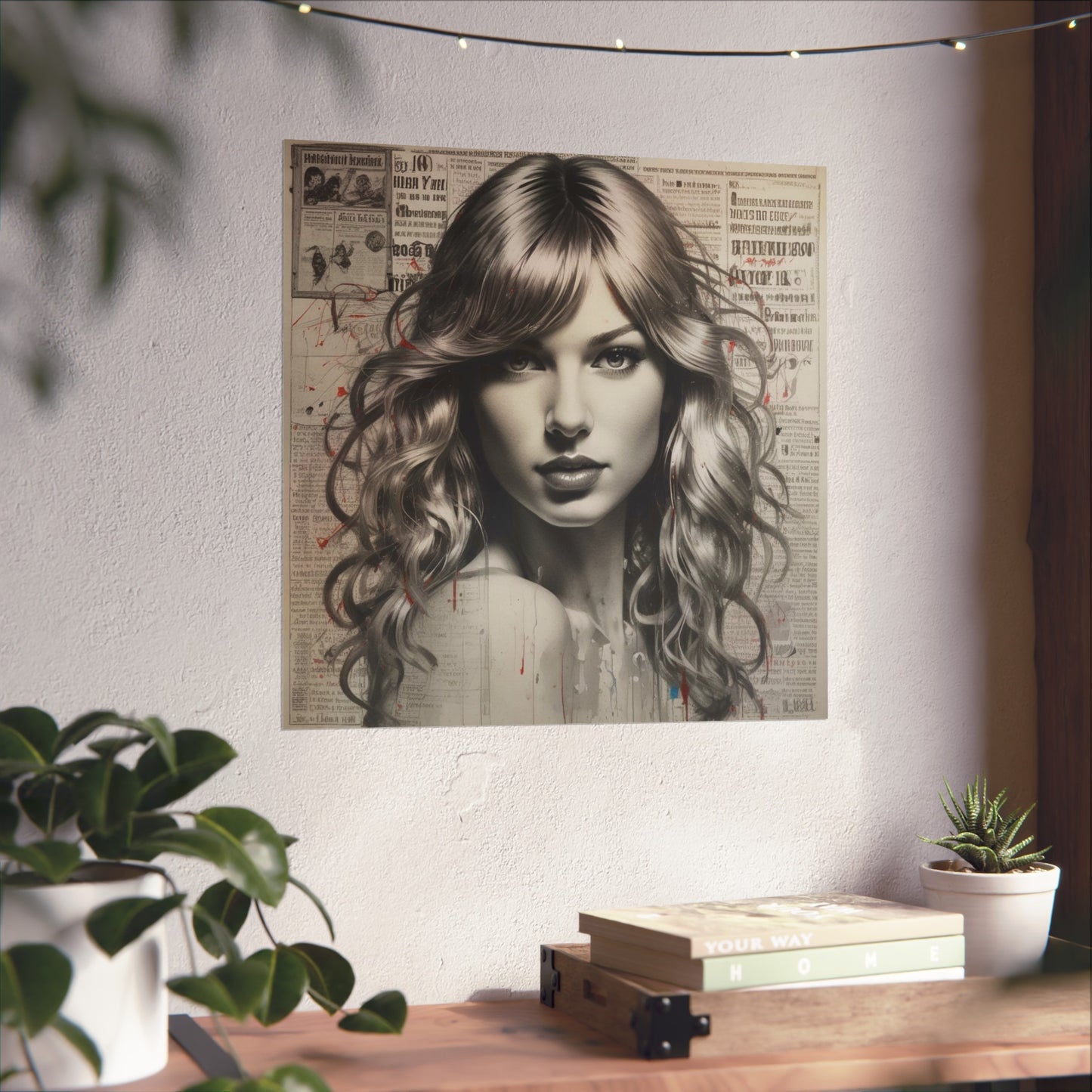 Taylor Inspired Portrait on Vintage Newspaper Background