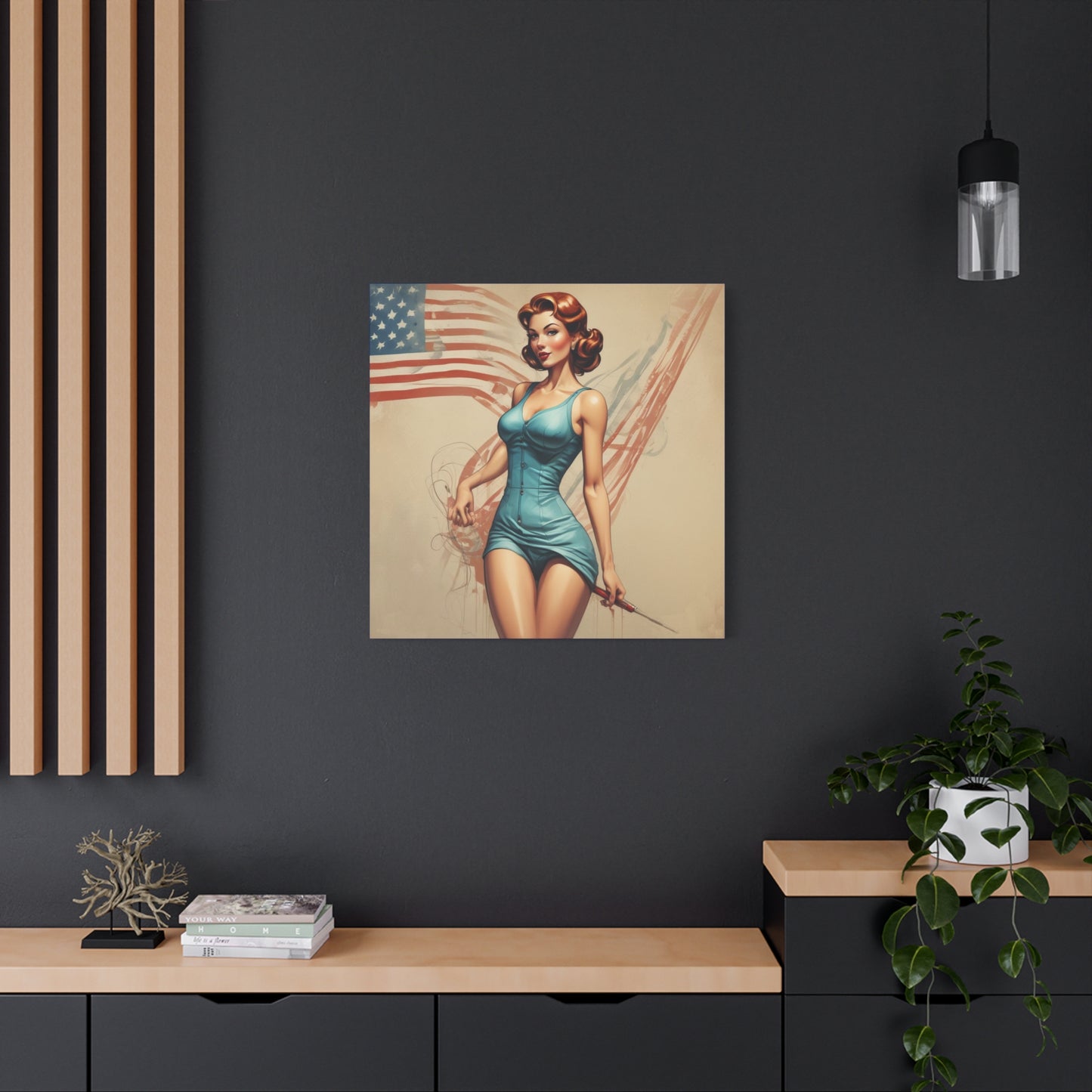 Retro Pin-Up Canvas Wall Art — Vintage American Flag Pinup Matte Stretched 1.25"