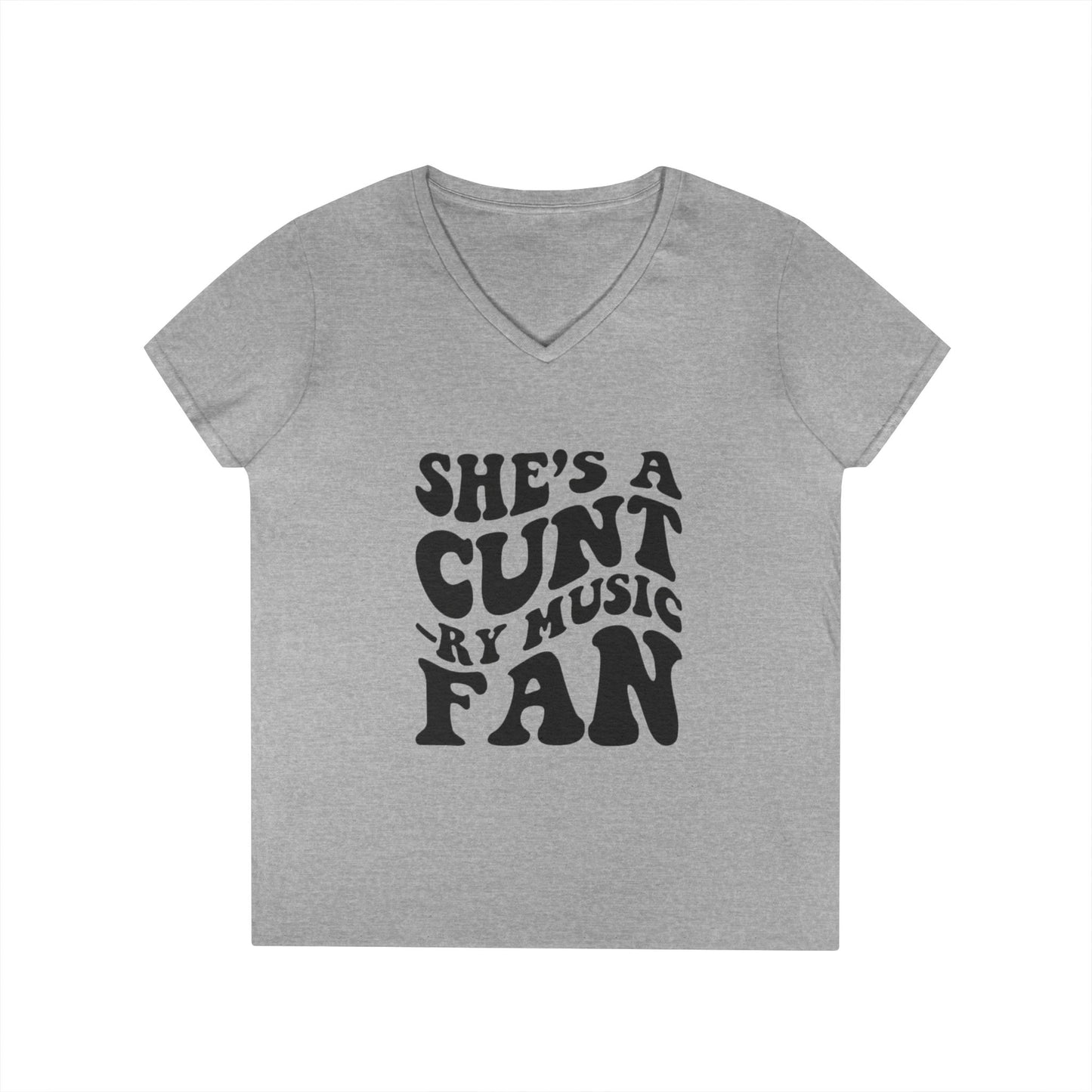 V-Neck T-Shirt — "She's a Cuntry Music Fan" Retro Typography Tee