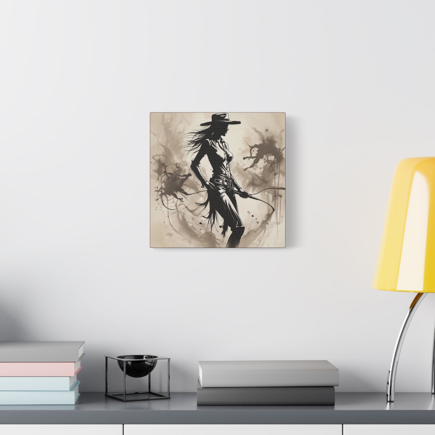 Cowgirl Silhouette Canvas Art – Western Whip Poster on Matte Stretched Canvas