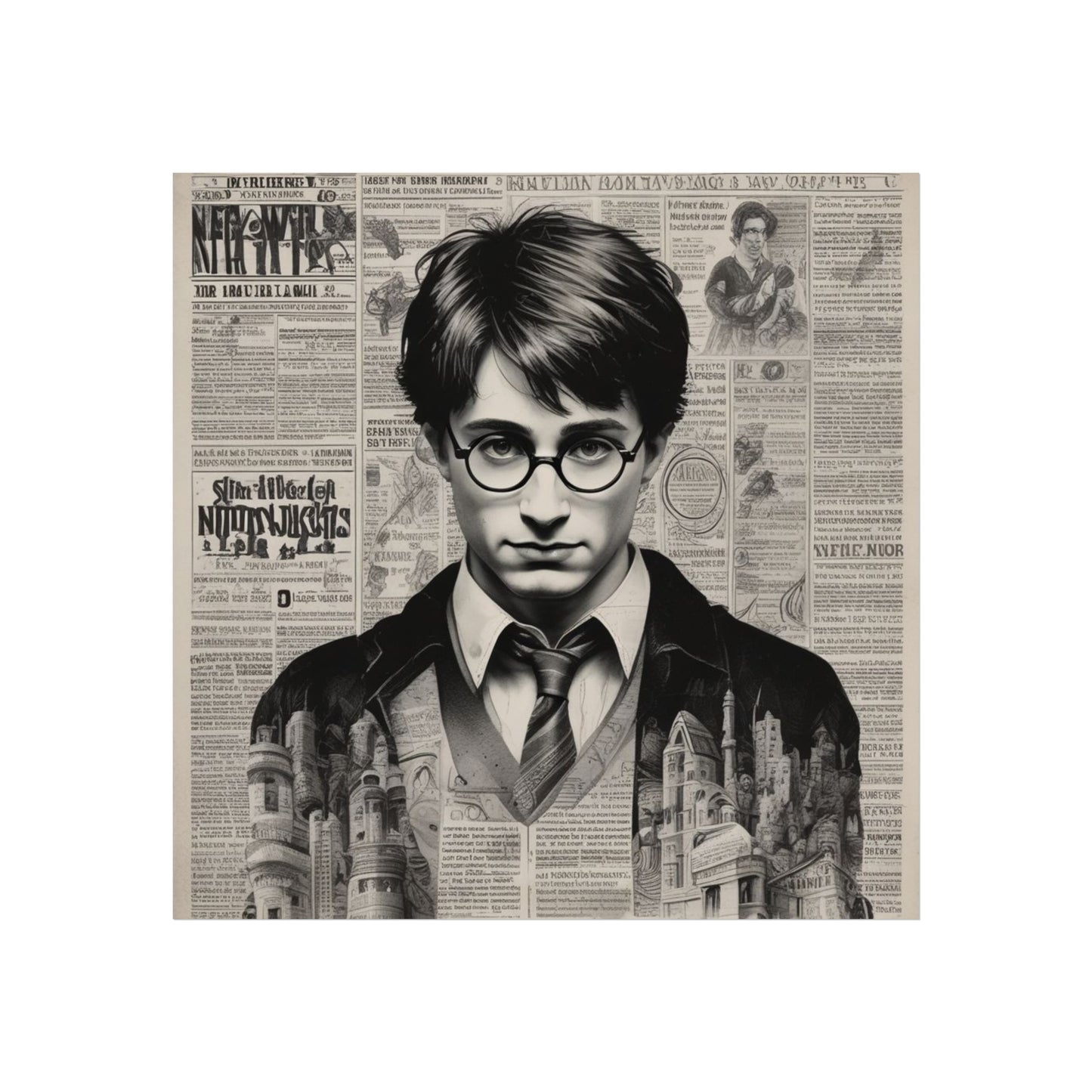Vintage Newspaper Portrait Poster — Young Wizard Illustration Fine Art Print