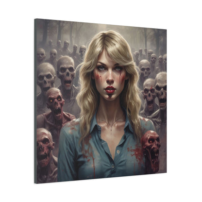 Zombie Swift Matte Canvas Print — Horror Wall Art, Blonde Survivor Surrounded by Undead