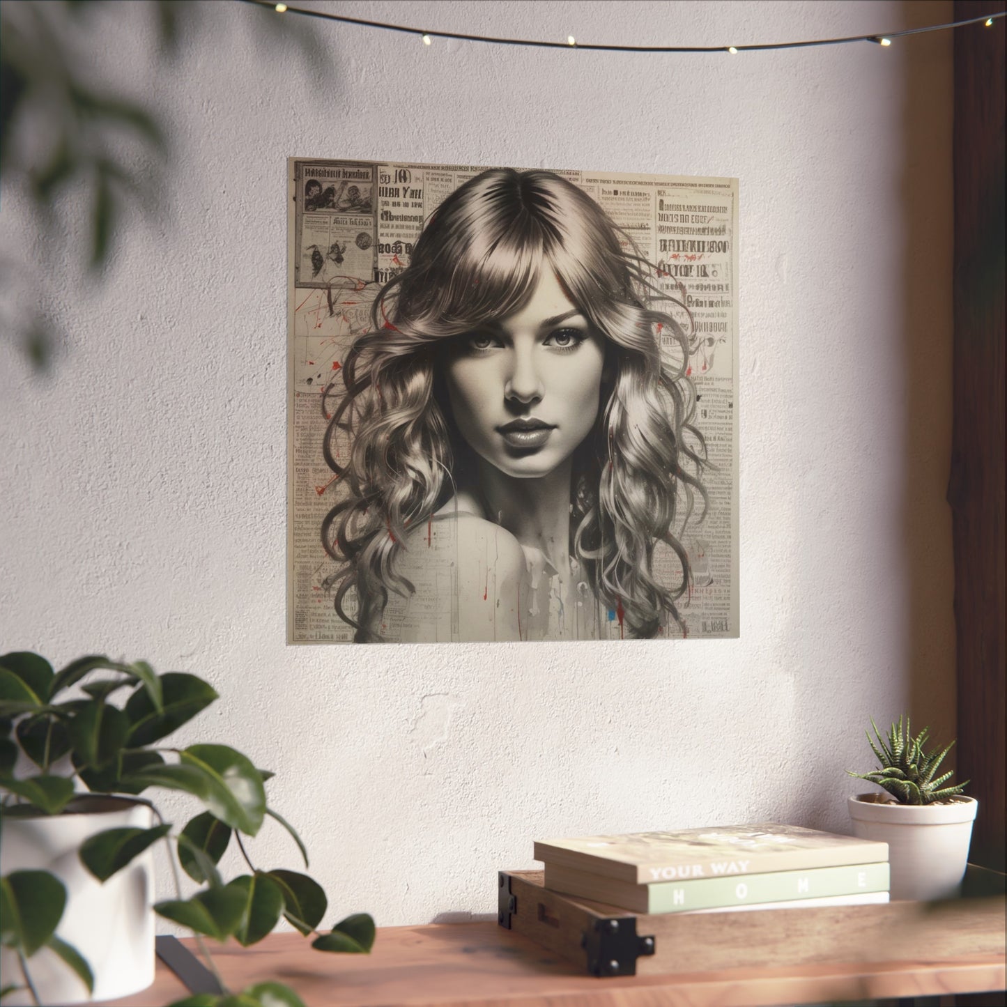 Taylor Inspired Portrait on Vintage Newspaper Background