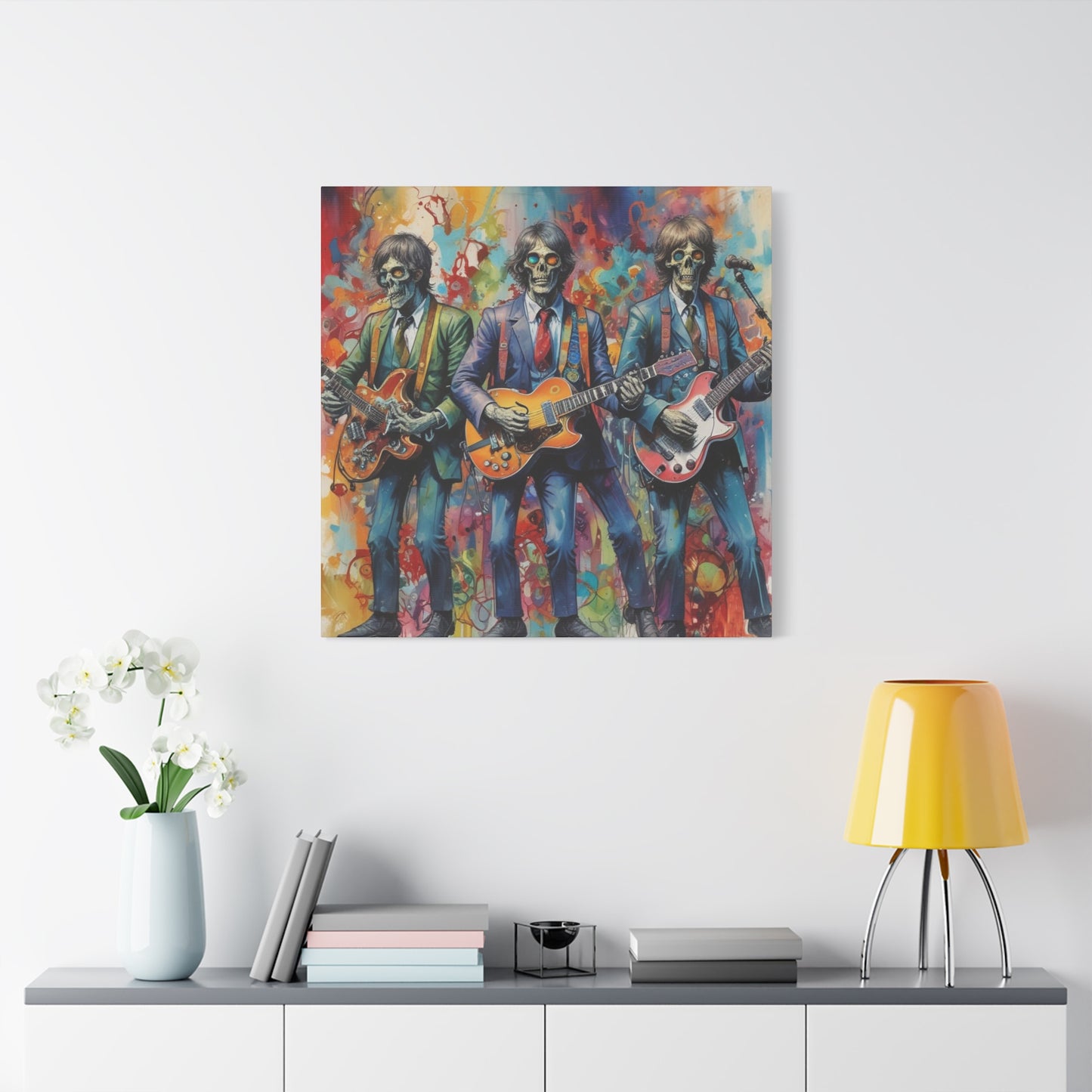 Rock Skeleton Band Canvas Print — Colorful Guitarist Wall Art