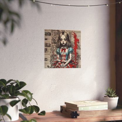 Gothic Alice Fine Art Print — Dark Vintage Newspaper Collage with Blood-Splatter