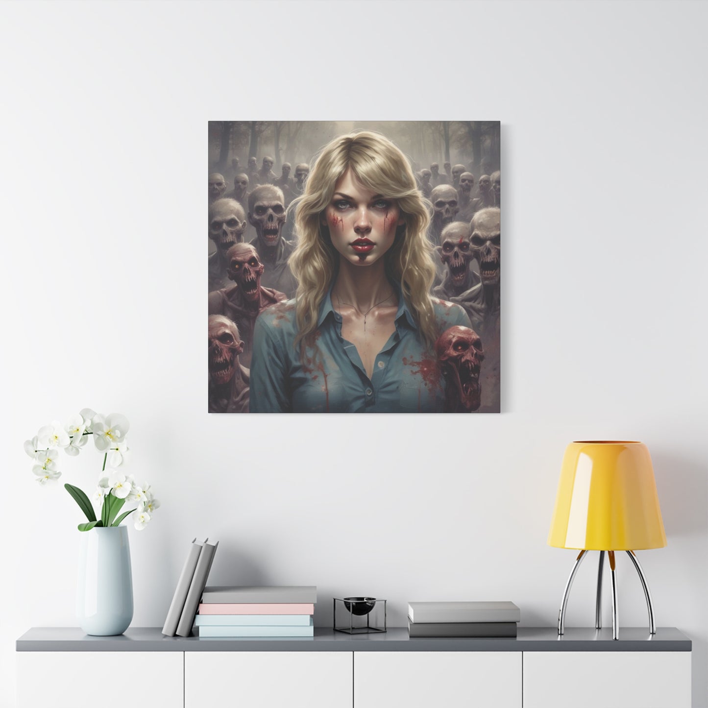 Zombie Swift Matte Canvas Print — Horror Wall Art, Blonde Survivor Surrounded by Undead