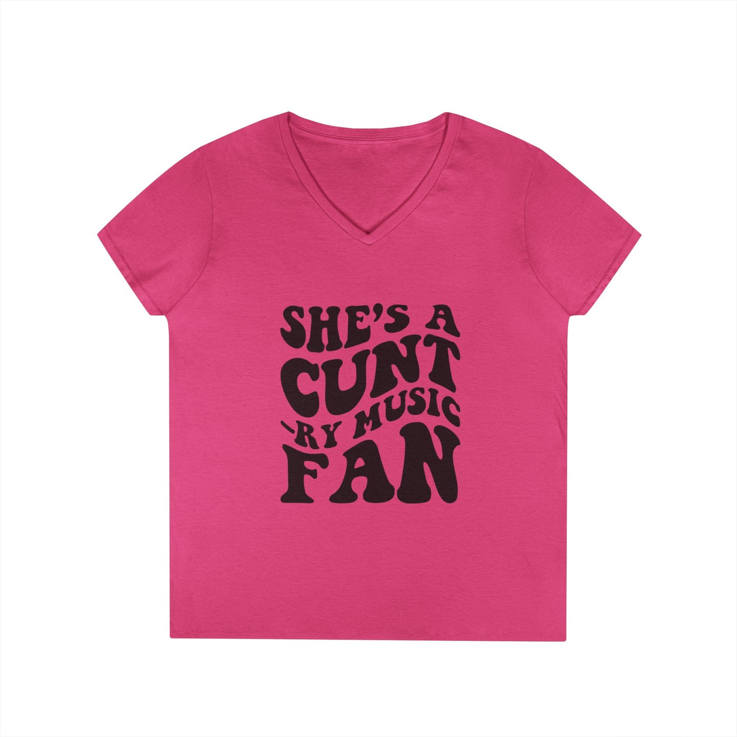 V-Neck T-Shirt — "She's a Cuntry Music Fan" Retro Typography Tee