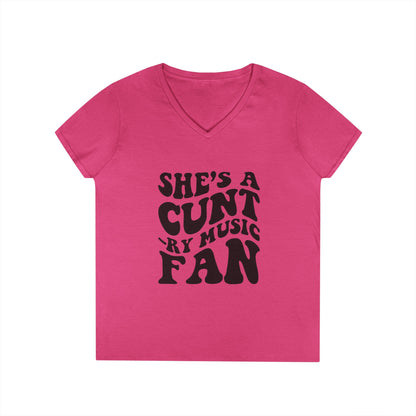 V-Neck T-Shirt — "She's a Cuntry Music Fan" Retro Typography Tee