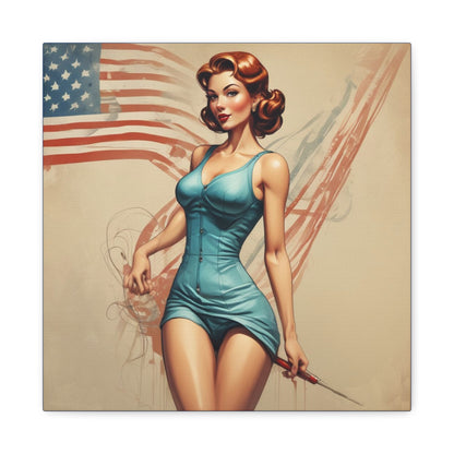 Retro Pin-Up Canvas Wall Art — Vintage American Flag Pinup Matte Stretched 1.25"