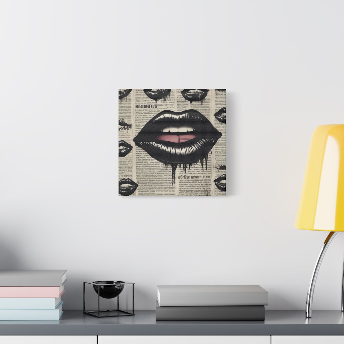 Black Drip Lips Canvas Wall Art — Vintage Newspaper Pop Art