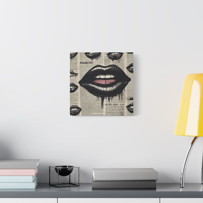 Black Drip Lips Canvas Wall Art — Vintage Newspaper Pop Art