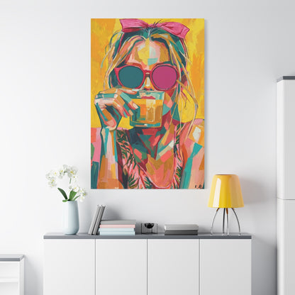 Colorful Pop Art Woman Drinking Canvas Wall Art