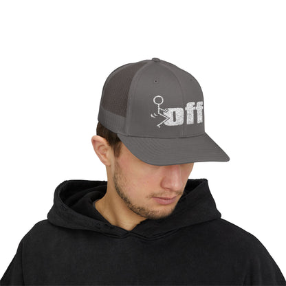 'F Off' Stick Figure Trucker Cap – Retro Distressed Snapback Hat