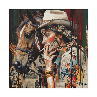 Western Collage Horse & Cowgirl Matte Canvas Wall Art - Stretched 1.25"