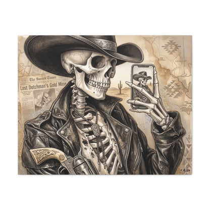 Skeleton Cowboy Canvas Print — Western Skull Selfie Wall Art (Matte Stretched)