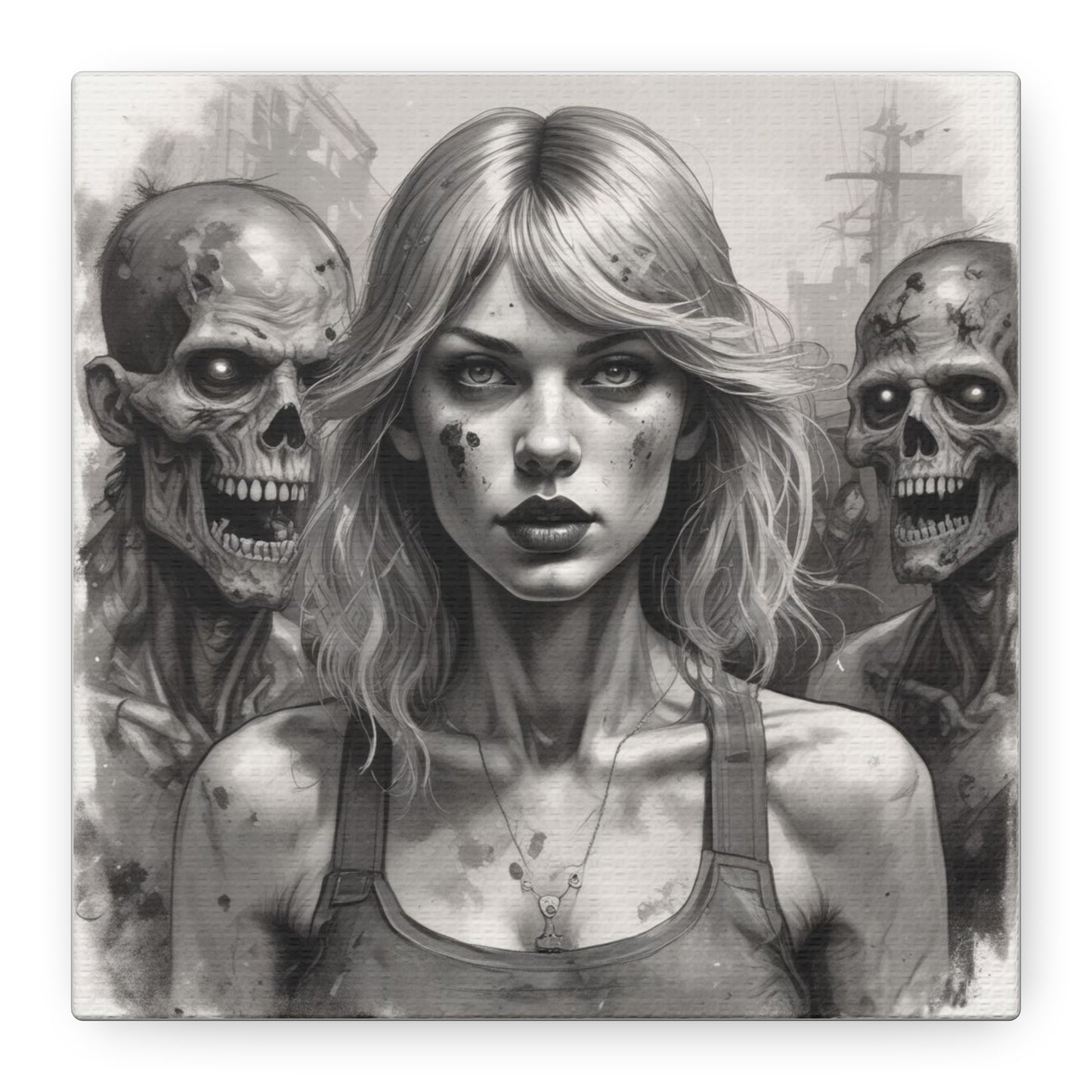 Zombie Apocalypse Canvas Print — Female Survivor Portrait Matte Stretched Art