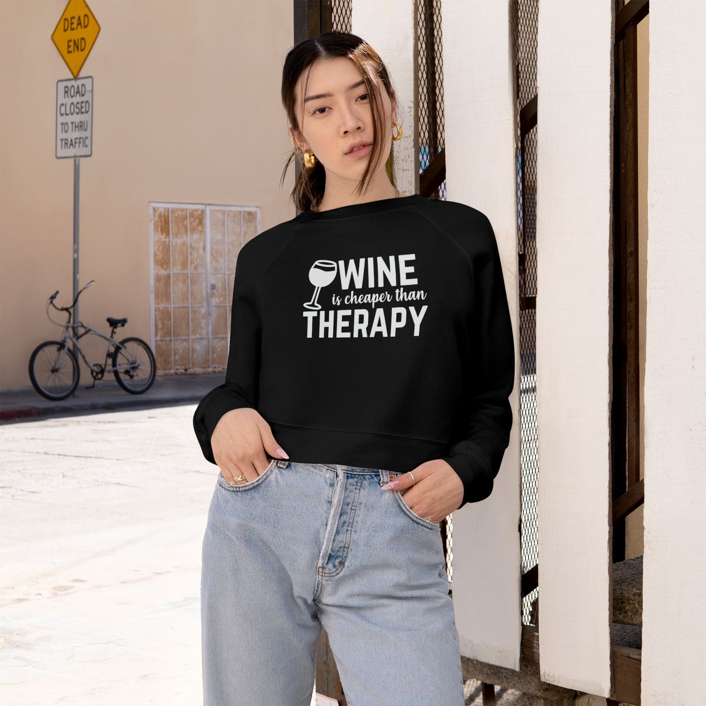 Cropped Pullover — "Wine Is Cheaper Than Therapy" Women’s Crop Sweatshirt