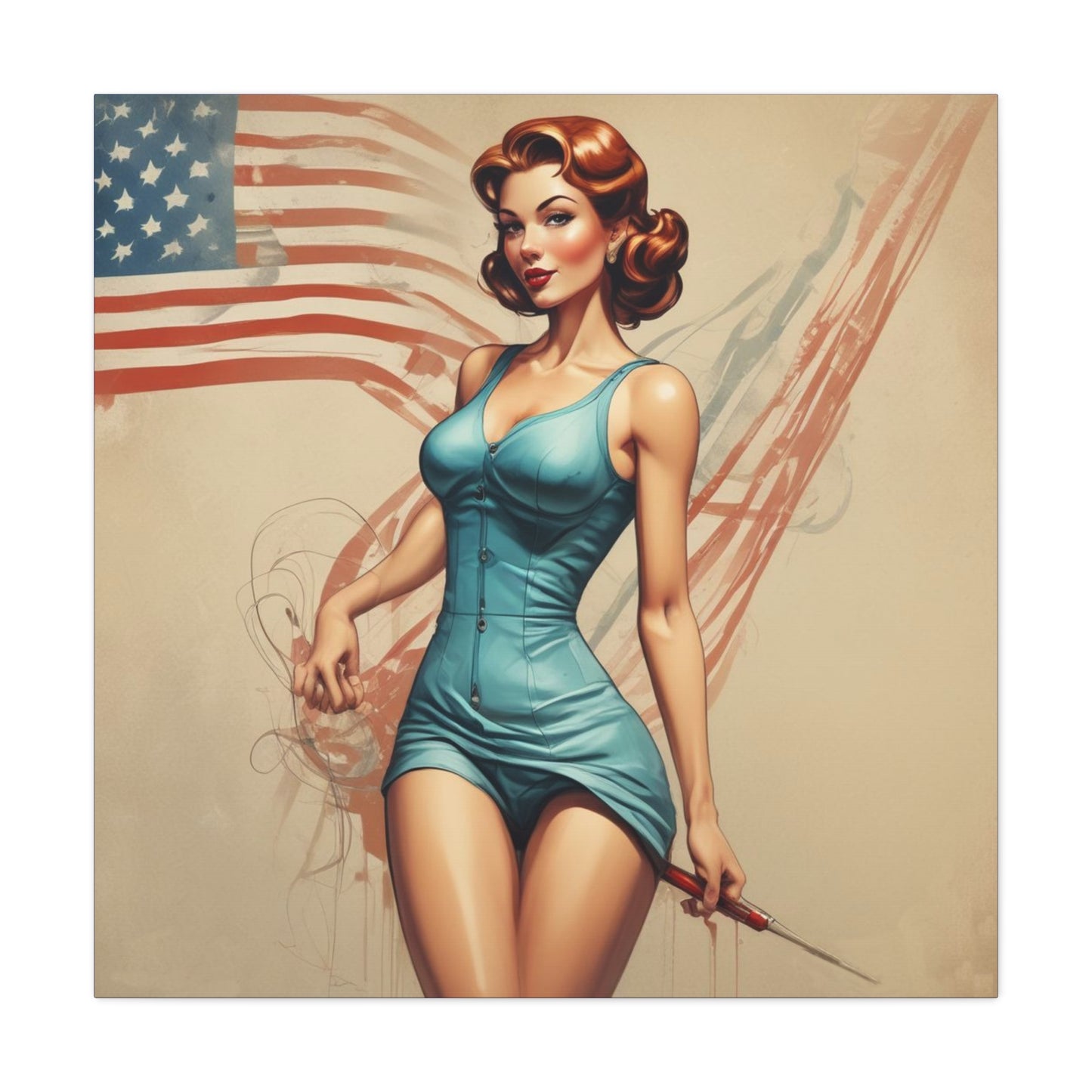 Retro Pin-Up Canvas Wall Art — Vintage American Flag Pinup Matte Stretched 1.25"