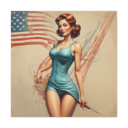 Retro Pin-Up Canvas Wall Art — Vintage American Flag Pinup Matte Stretched 1.25"