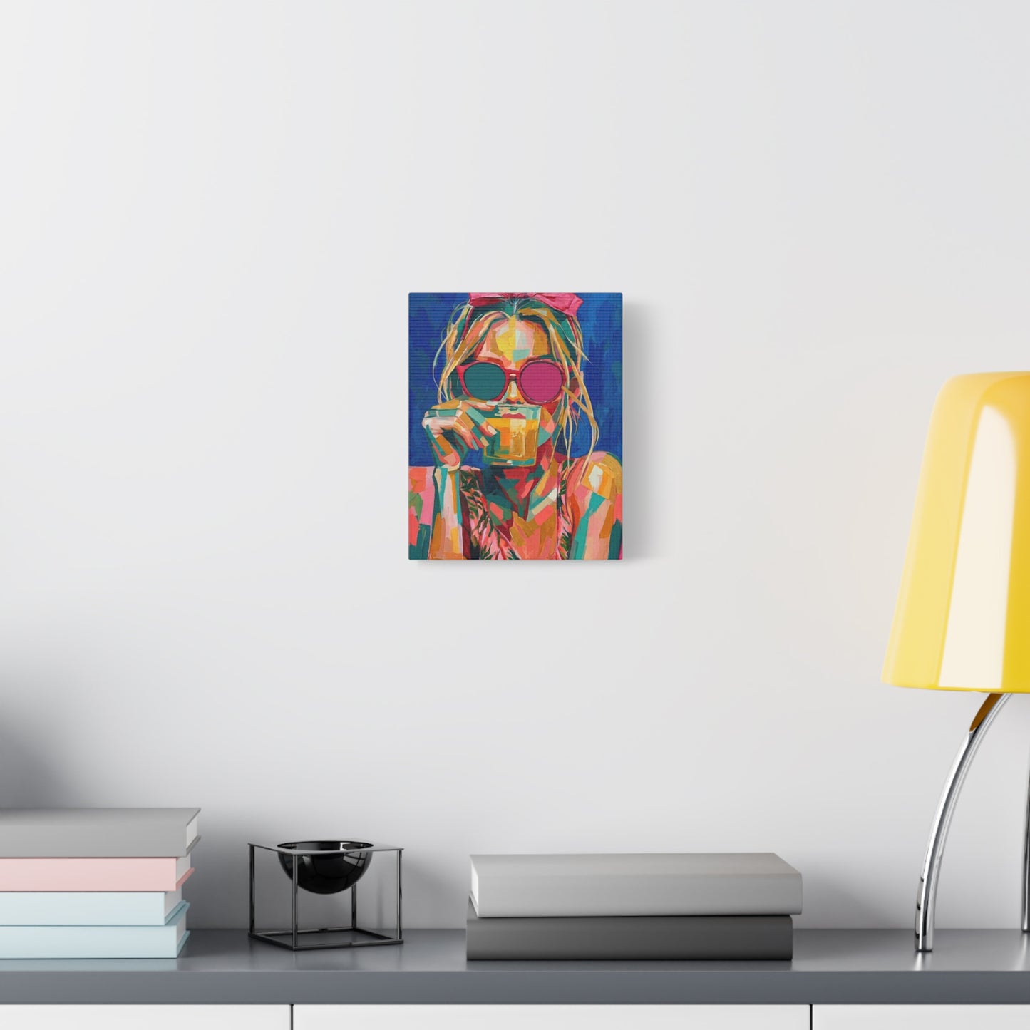 Colorful Pop Art Woman Drinking Canvas Wall Art - Blue