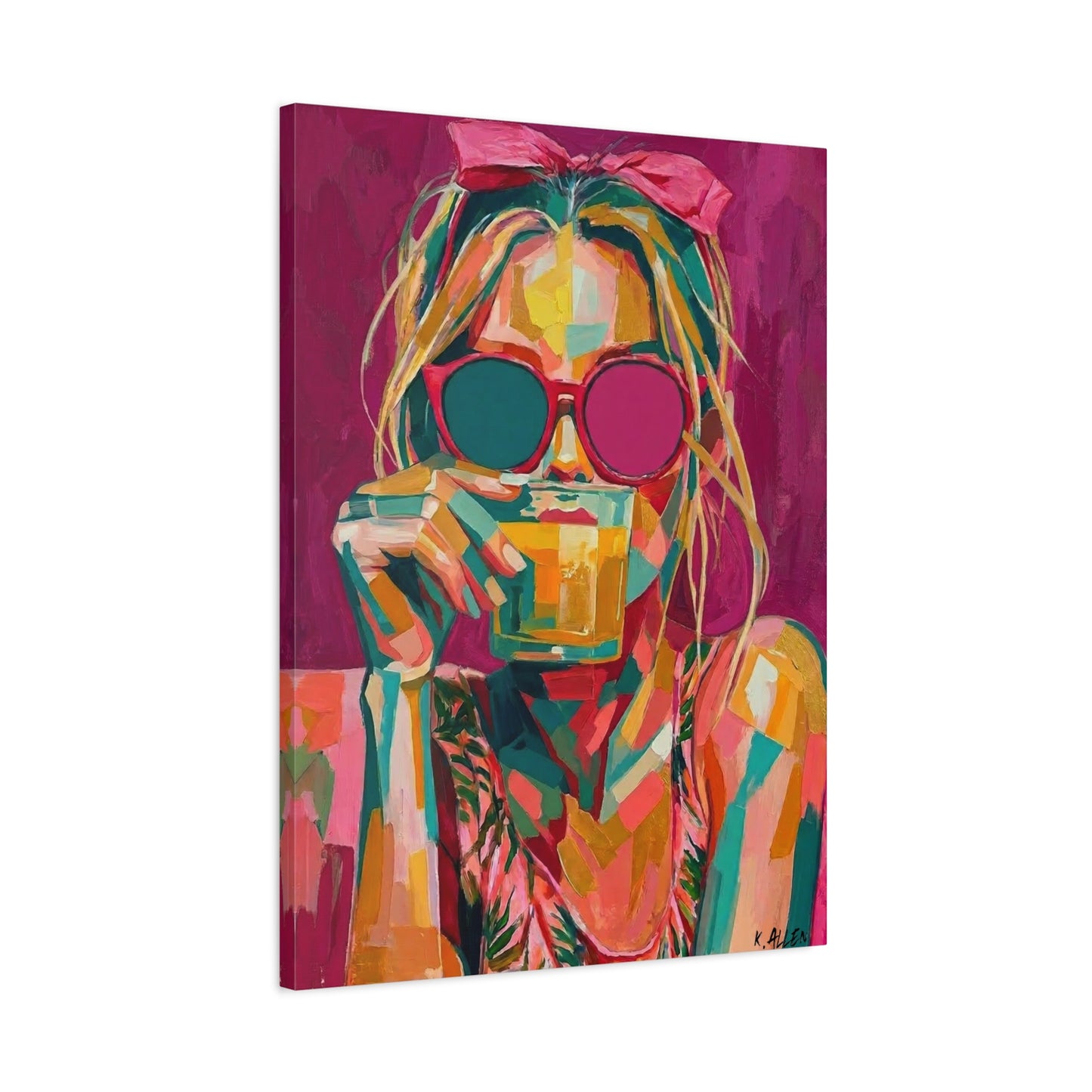 Pop Art Woman Drinking Coffee Canvas - Pink