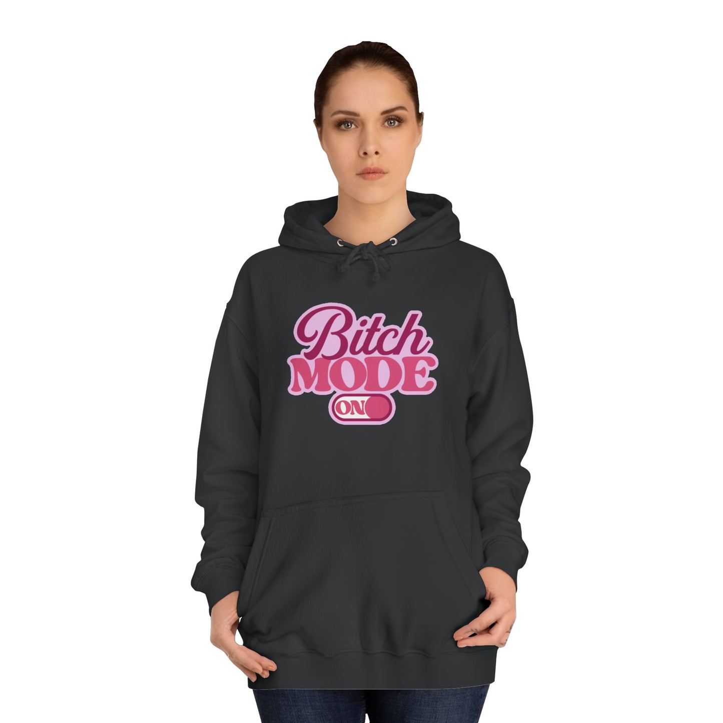 Bitch Mode On Hoodie — Bold Pink Retro Script Graphic Sweatshirt