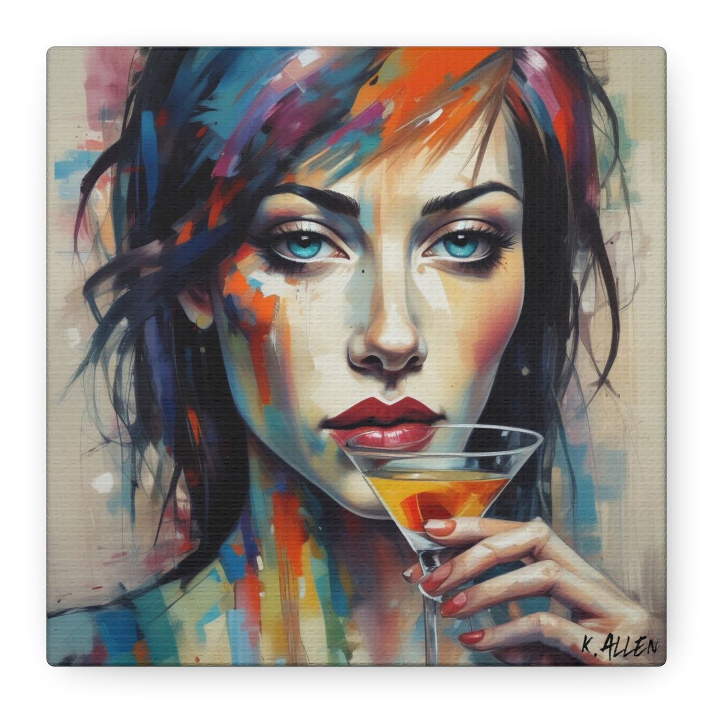 Colorful Femme Portrait Canvas — Martini Woman Stretched Wall Art